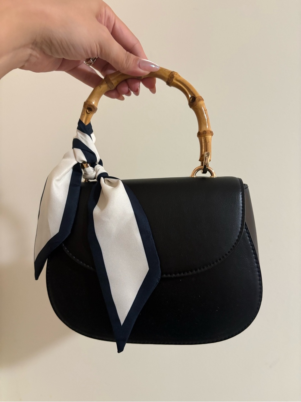Black Leather Top-Handle Bag with Bamboo Handle and Scarf